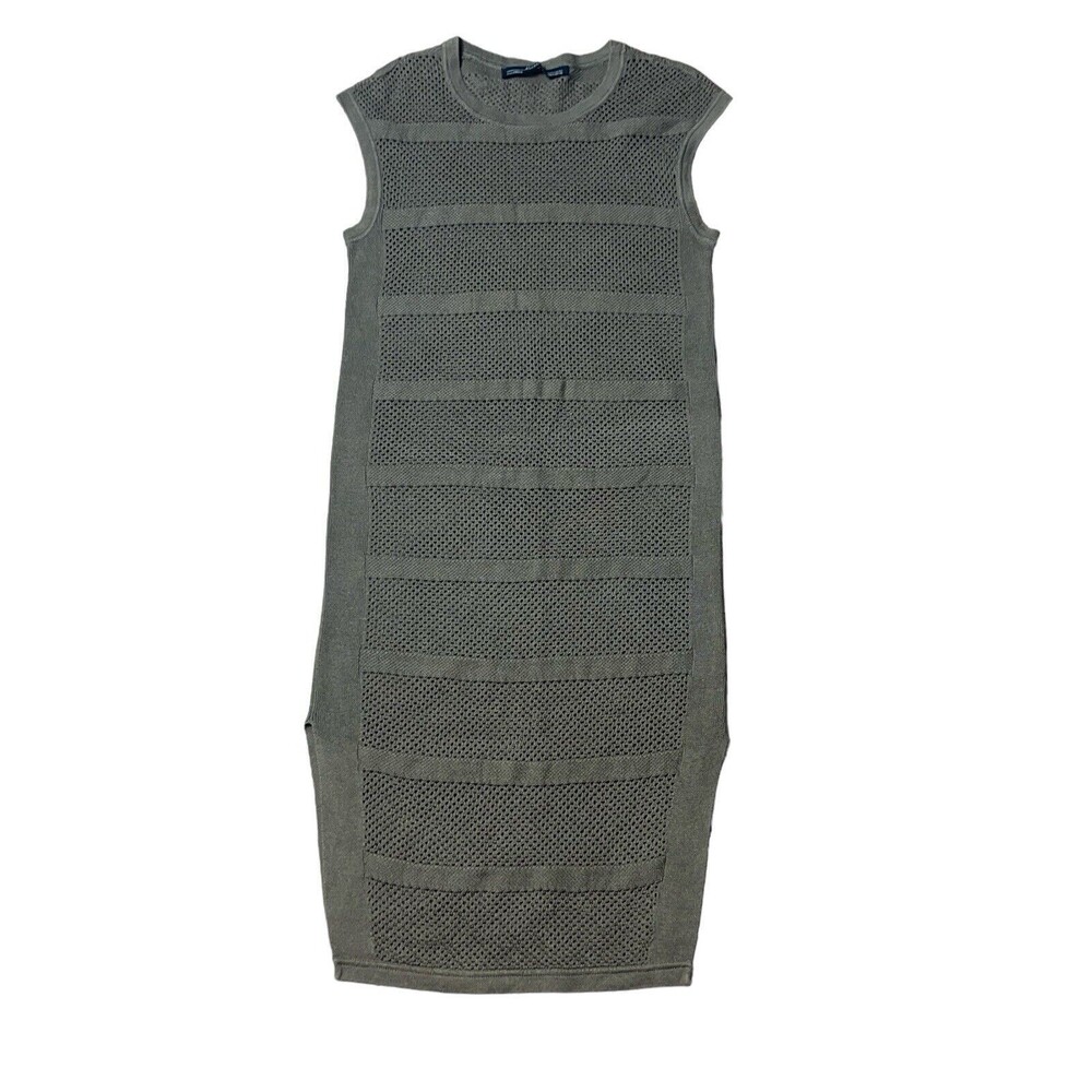 All Saints Womens 0 Green Band Mesh Crochet Linen Knit Midi Slit Dress